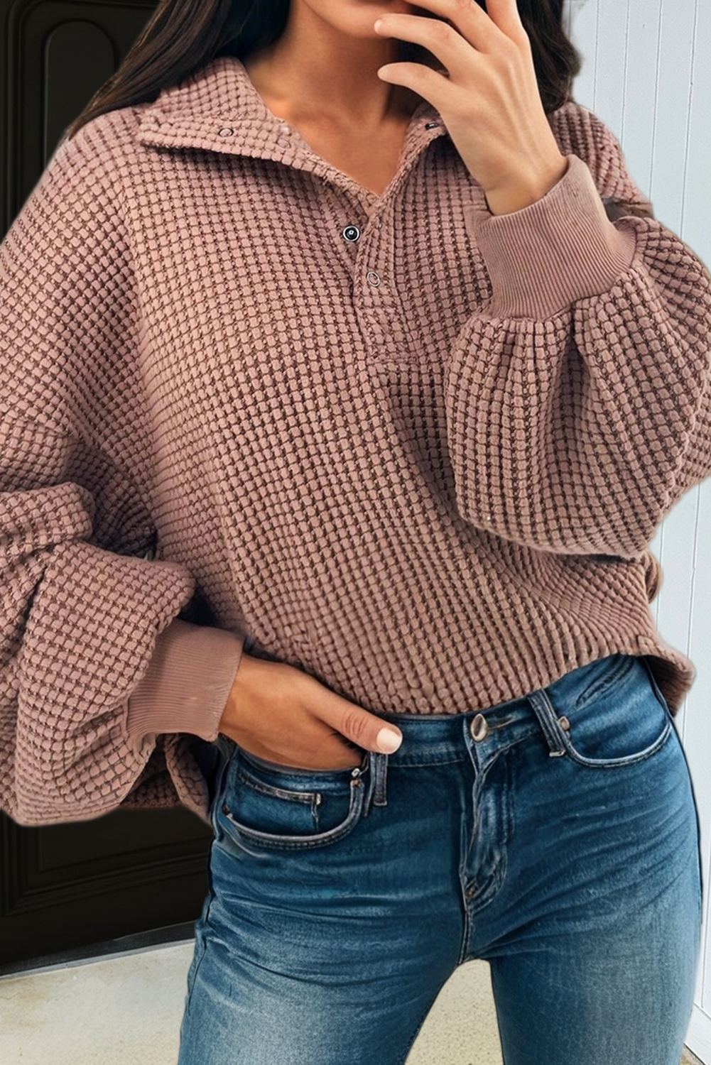 LAS Solid Textured Snap Button Collared Baggy Top (S-XL): Old Rose / Missy / L