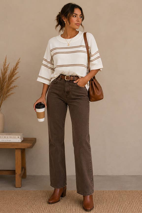 Striped Knit Short Sleeve Sweater: Black/cream / S