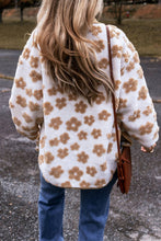 Floral Button-Up Fleece Pocketed Jacket: Light French Beige / S