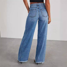 Relaxed Wide Leg Side Seam Frayed Hem Jeans: DENIM BLUE / L