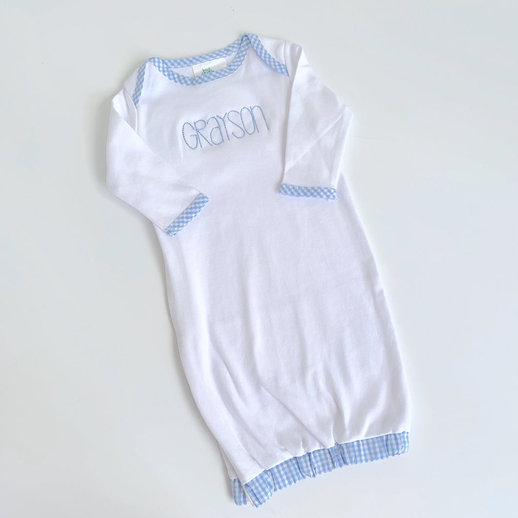 Infant Gown + Blue Gingham Trim