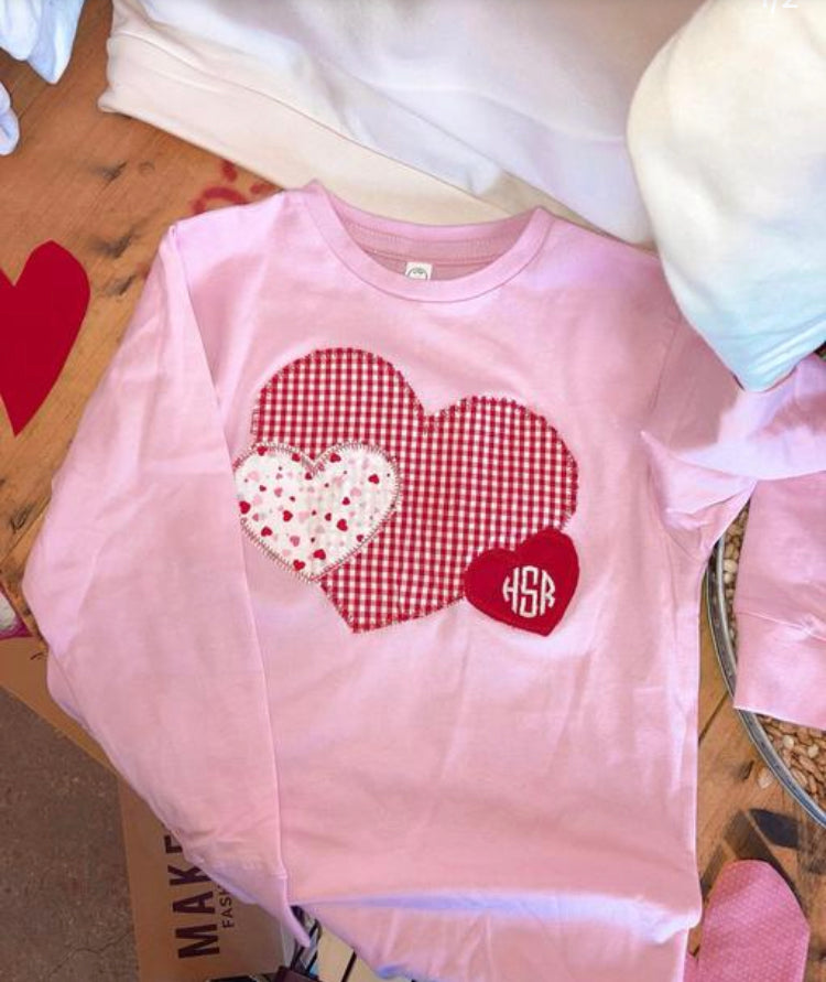 Youth Triple Hearts appliqué Long Sleeve Tee
