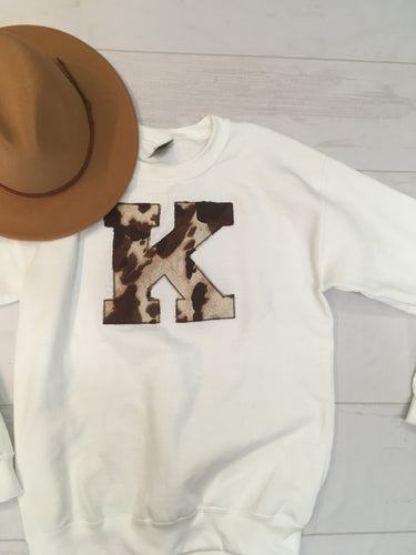 White Crewneck + K Cow Print Appliqué