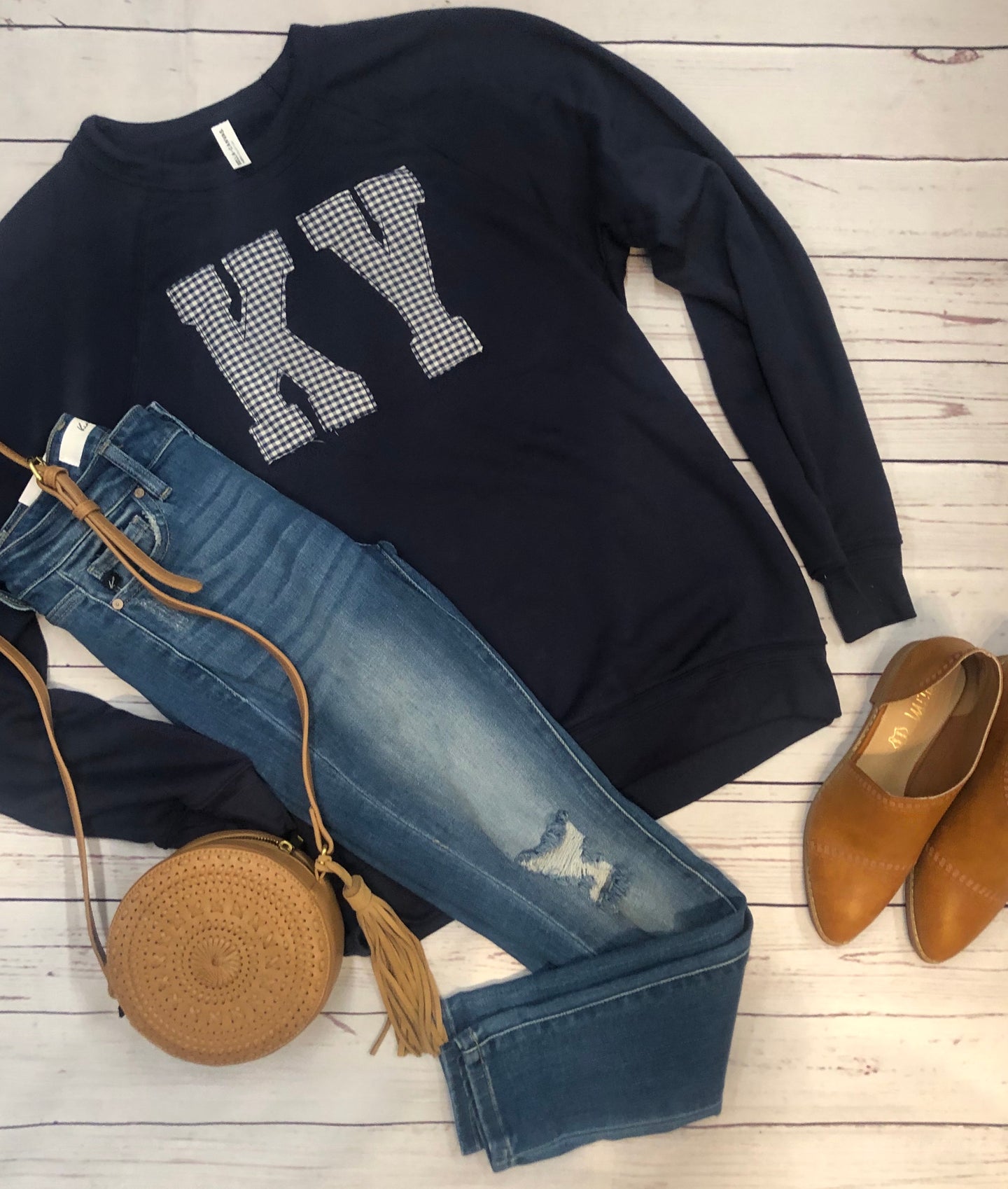 Navy Bella Canvas Sweatshirt + Blue/White Check KY