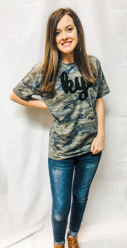 Camo Tee + lowercase [ky] appliqué